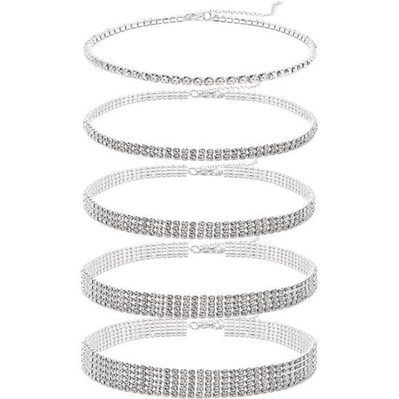5 Pieces Rhinestone Choker Necklaces Silver Gold Plated Sparkly Diamond Choker - Picture 1 of 8